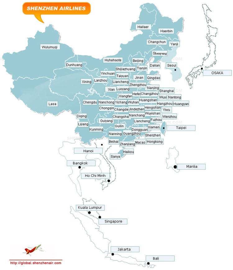 خريطة Shenzhen airlines الطريق